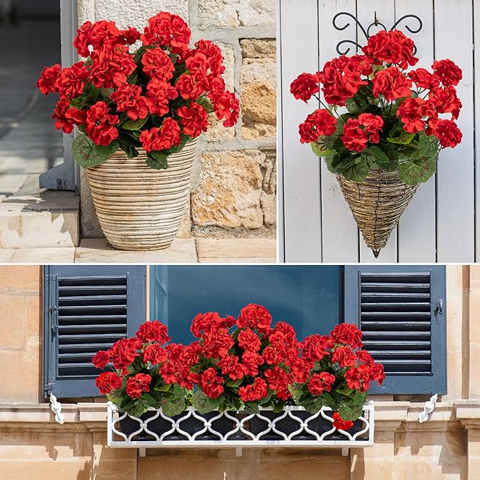 4PCS Home Decor Fake Plants Artificial Flowers Artificial Geraniums Outdoor Fake Flowers Artificial Flowers Fake Silk Bouquet, Fall Decor for Interior Porch Garden Decoration (Red) 14.4"