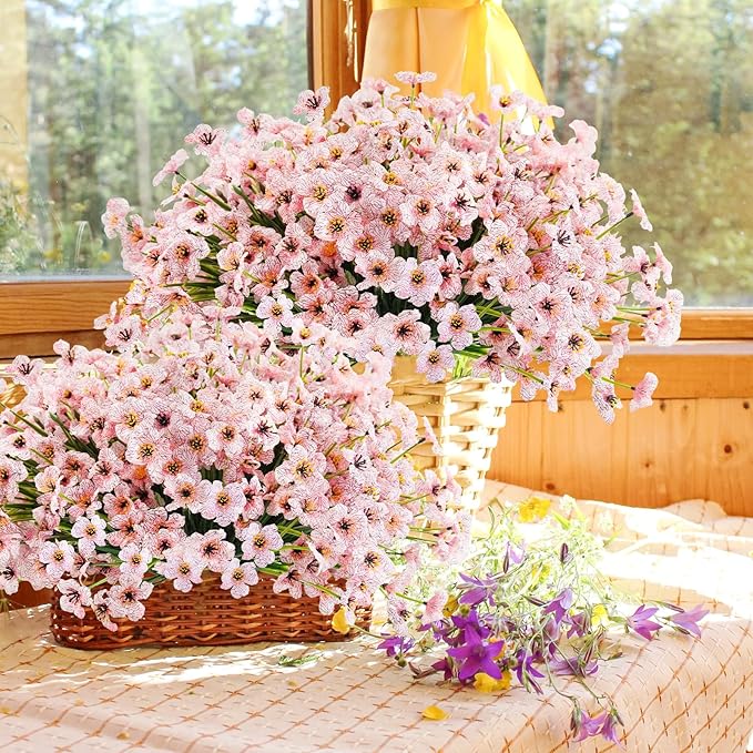 Uieke Artificial Fake Flowers, 16 Bundles Outdoor Plastic Flowers Cemetery Flowers UV Resistant No Fade Floral Arrangements Outside Hanging Planter Home Garden Porch Window Box Décor (Pink)