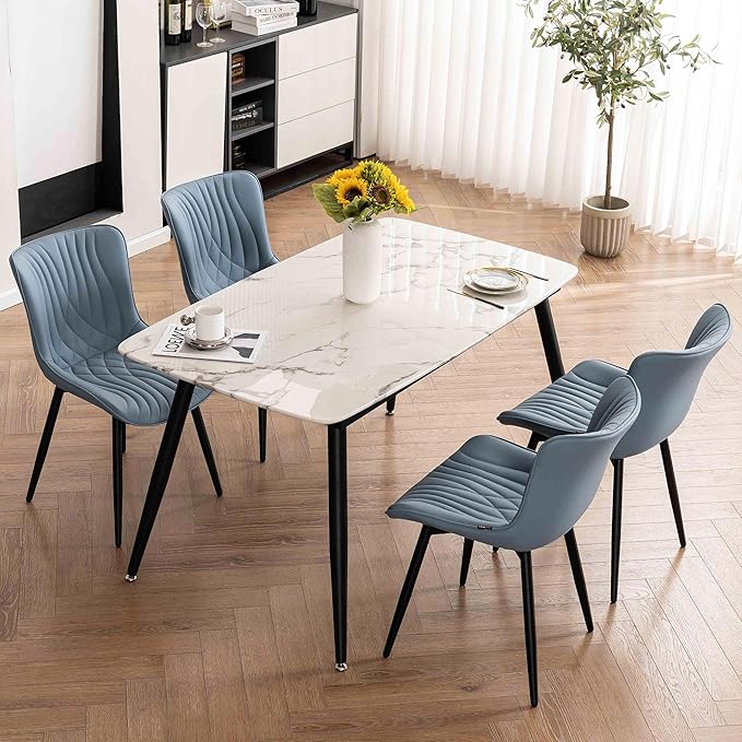 Kidol&Shellder Blue Dining Chairs Set of 2,Faux Leather Upholstered Mid Century Modern Kitchen&Dining Room Chair with Back,Ergonomic Armless Vanity&Living Room Chair with Metal Legs