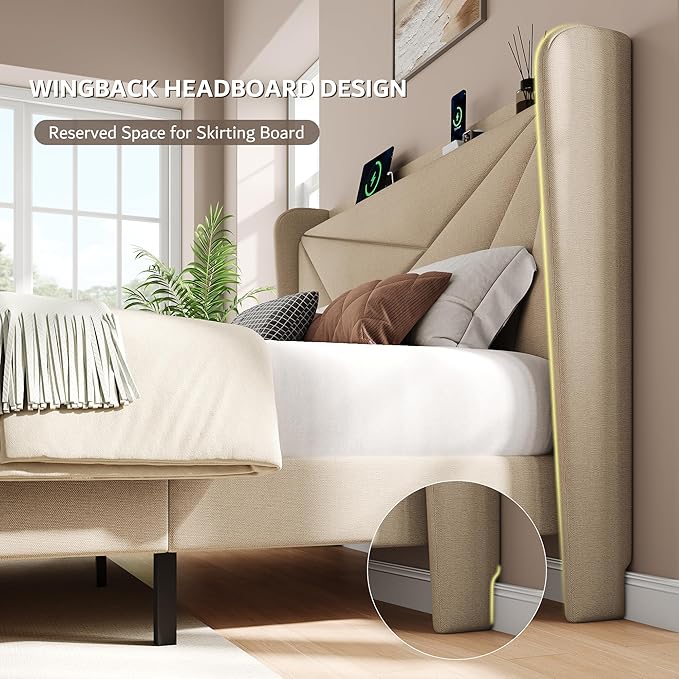iPormis Full Size Bed Frame with Charging Station, Linen Platform Bed Frame with Wingback Upholstered Headboard, Solid Wood Slats Support, No Box Spring Needed, Easy Assembly, Beige