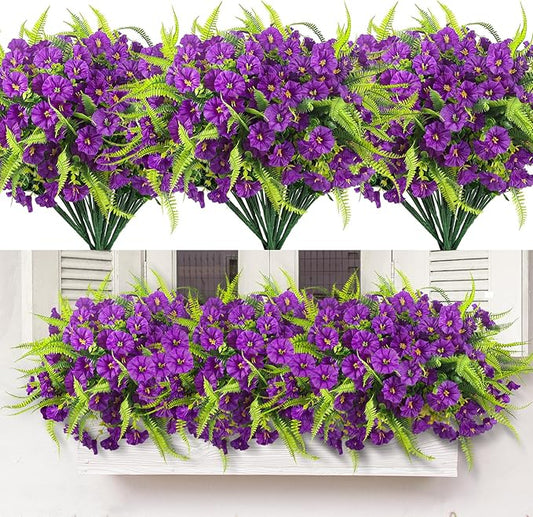 Spring Artificial Flowers Outdoors 12 Bundles Artificial Petunias Fake Flowers UV Resistant Shrubs Plants with Fern for Indoor Outside Hanging Planters Home Garden Decorations (Light Purple)
