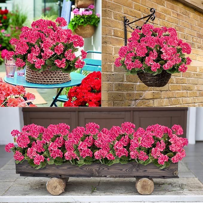 Plastic Flowers for Outdoors Home Decor Fake Plants Artificial Flowers Artificial Geraniums Outdoor Fake Flowers Silk Bouquet Fall Decoration Interior Porch Garden Decor 14.4"(Rose Red) 8PCS