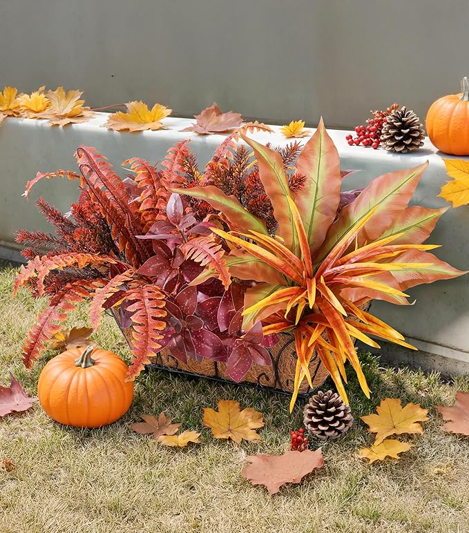 Artificial Fall Plants for Autumn Outdoor Decor Realistic Faux Greenery & Flowers Fake Plastic Leaves with Stems UV Resistant Outside Bushes for Garden Patio and Porch 8Pcs (Fall Color)