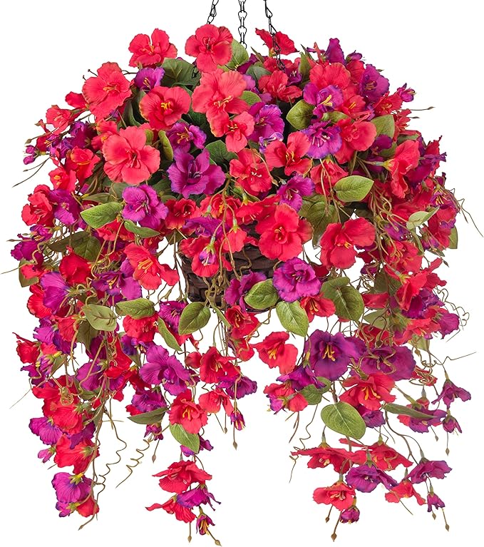 Artificial Fake Hibiscus Hanging Flowers Baskets for Outdoor Decoration, Faux Plants Silk Hibiscus Long Vines in Planter UV Resistant Realistic Flowers for Outside Porch Patio Home Decor, RedPurple