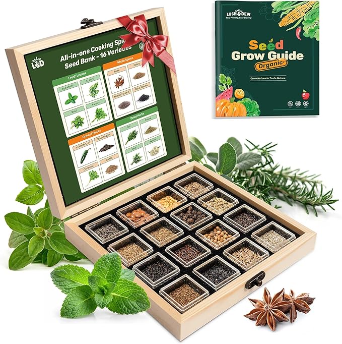 Lush&Dew Culinary Herbs Kitchen Garden Heirloom Seed Bank, Gardening Gifts, 16 Varieties Non-GMO Seeds for Planting Herb in Raised Garden Beds Windowsill, Survival Seed Kit, Cooking Spices Basil Dill