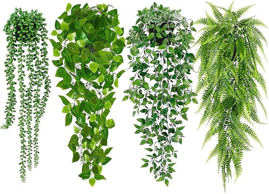 Artificial Hanging Plants for Shelf, 4 Pack Fake Potted Greenery Plant Faux Mandala Vine, String of Pearls, Ivy Vine,Persian Grass Fern in Pot for Desk Home Bathroom Farmhouse Room Table Decor