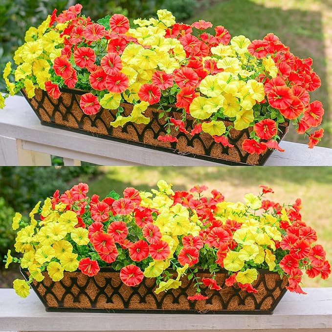 Fake Mums Fall Artificial Flowers Plants for Outdoors Autumn Decoration, 12 Bundles Silk Morning Glory with Eucalyptus Realistic UV Resistant Faux Mums for Outside Planter Yard Garden Home Indoor, Mix