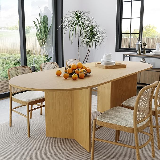 Casaphoria 79" Dining Table for 6, Wood Kitchen Table with Scratch-Resistant Top & V-Shaped Base, Modern Farmhouse Oval Dining Table for Living Room, Kitchen, Easy Assembly, Natural Wood