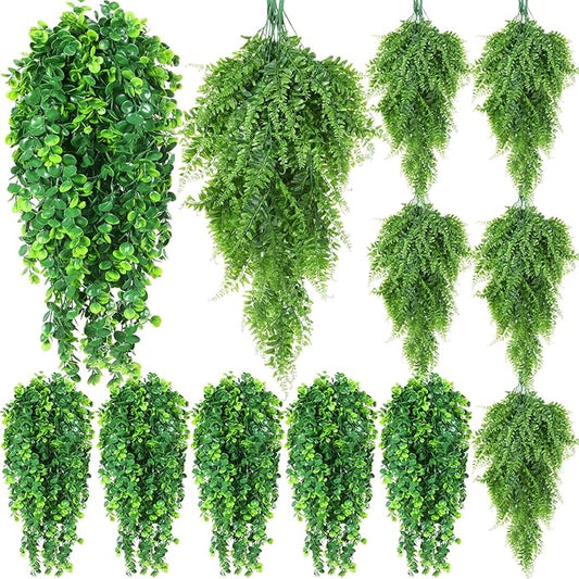 Hoteam 12 Pcs Artificial Hanging Plants 32 Inch Fake Ivy Vines with Fake Leaves Patio Artificial Plants Greenery for Living Room Indoor Outdoor Wall, No Basket (Eucalyptus,Persian Grass)