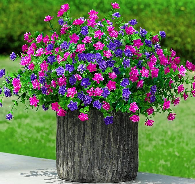 Ivydale Artificial Flowers Plants for Sping Summer Outdoors Indoors Decoration, 12 Bundles Fake Plastic UV Resistant Flowers Faux Greenery Bushes Shrubs for Home Porch Patio Garden (Purple+Fuchsia)