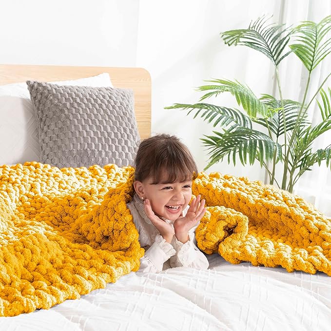 clootess Chunky Knit Blanket Knitted Throw Crochet Chenille Yarn Woven for Bed Sofa Textured Thick Cable Decor (Turmeric 40x60 in)