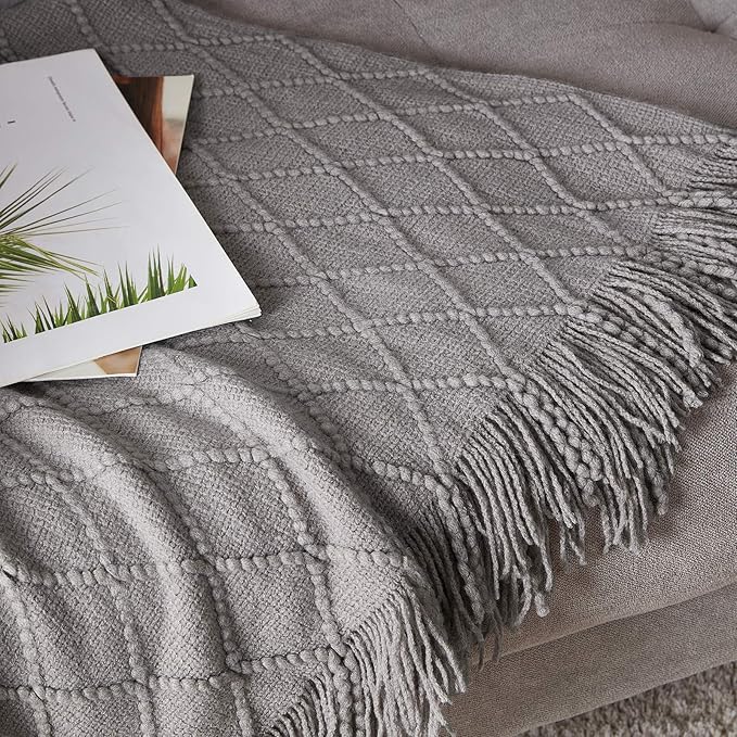 BOURINA Light Grey Throw Blanket 50x60 Inches Throw Textured Solid Soft Sofa Couch Decorative Knit Blanket