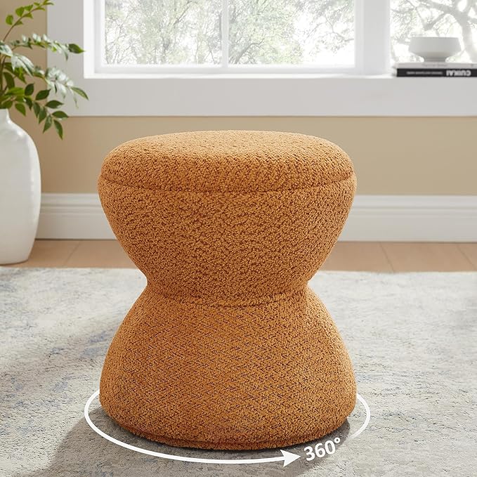VANOMi Multi-Functional Boucle Ottoman, Vanity Stool Chair, Sturdy Rotating Wooden Footstool, Suitable for Living Room, Bedroom, and Entryway, Without Installation, Swivel, Curry