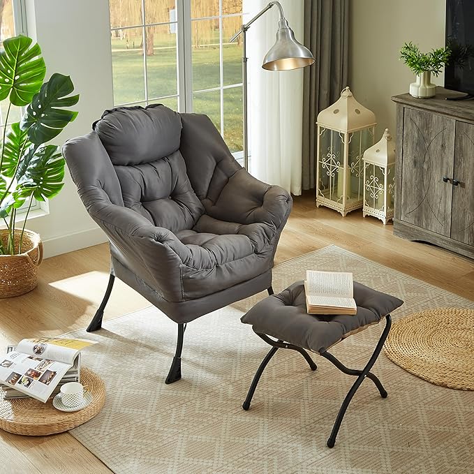HollyHOME Fabric Lazy Chair with Foldable Ottoman, Accent Comfy Lounge Arm Chair and Folding Footrest Stool Set, Leisure Sofa Reading Chair and Footstool for Living Room, Bedroom, Dorm, Dark Grey