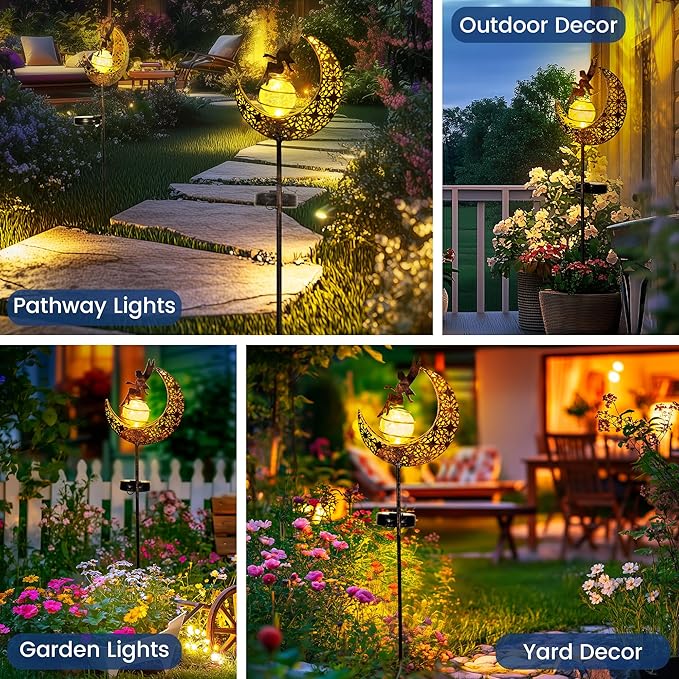 Fairy Garden Solar Lights Outdoor Moon Stakes, Waterproof Outdoor Metal Decor Gifts for Women Mom, Art Moon Sculpture for Yard, Patio, Garden, Porch, 2 Pack