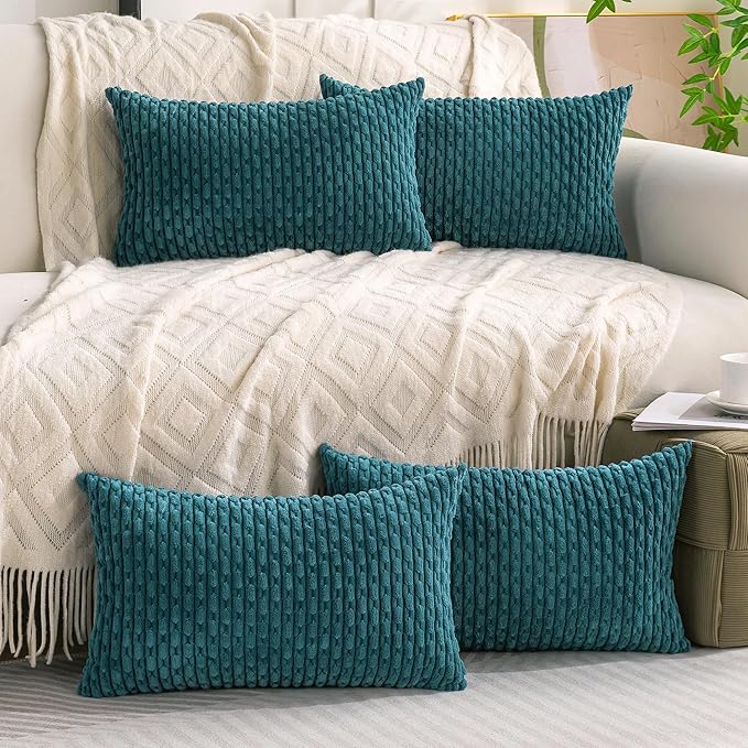 Set of 4 Teal Decorative Throw Pillow Covers 12x20 Inch Corduroy Pillow Covers for Bed Couch Sofa Living Room Soft Cushion Cases