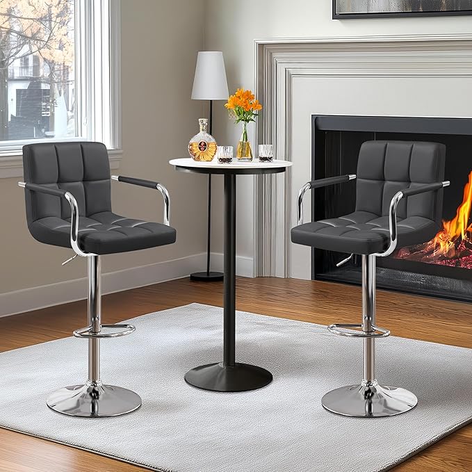 Yaheetech Bar Stools Set of 2, Adjustable PU Leather Swivel Barstools, Modern Counter Stools with Back and Footrest, Counter Height Barstools for Bar, Kitchen, Dining Room, Grey