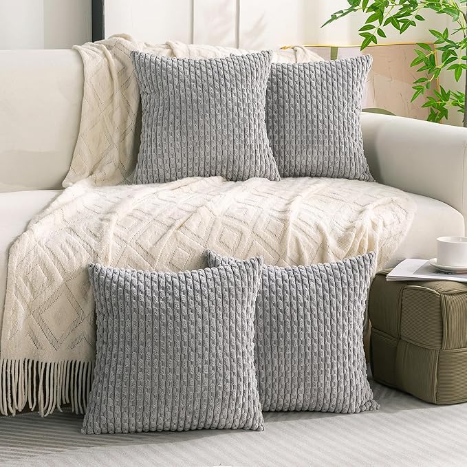 Set of 4 Grey Decorative Throw Pillow Covers 20x20 Inch Corduroy Pillow Covers for Bed Couch Sofa Living Room Soft Square Cushion Cases