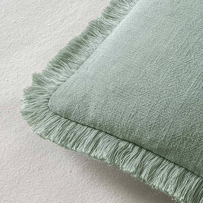 MIULEE Decorative Throw Pillow Covers Neutral Linen Fringe Throw Pillows Set of 2 Aqua Green Boho Farmhouse Cushion Covers with Tassels for Couch Sofa Bed Living Room Spring Home Decor 18x18 Inch