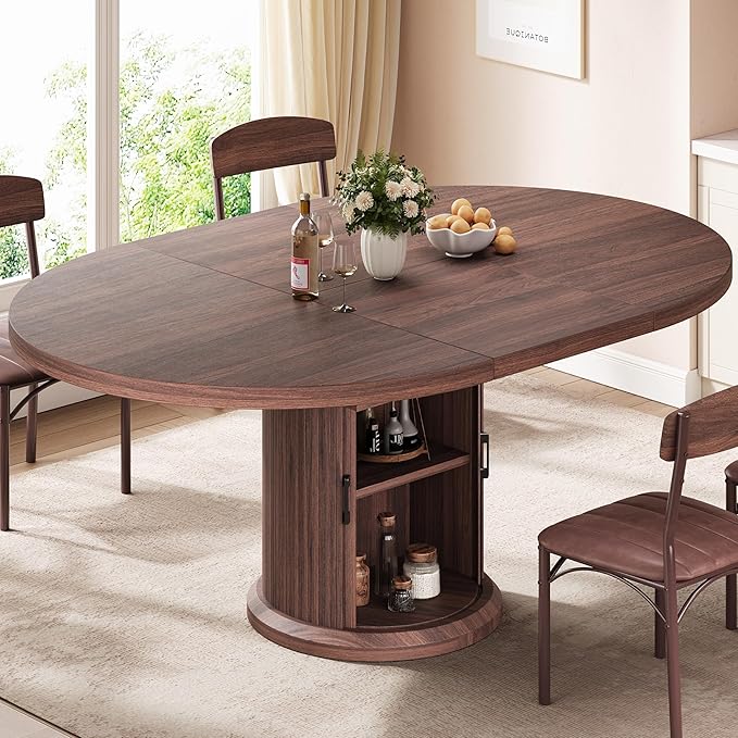 Extendable Round Kitchen Dining Room Table for 4-6 with 2-Tier Storage Shelf, 63'' Space Saving Expandable Wood Oval Circle Dinner Furniture with Pedestal Base (Brown)