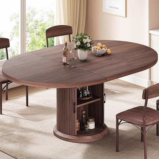 Extendable Round Kitchen Dining Room Table for 4-6 with 2-Tier Storage Shelf, 63'' Space Saving Expandable Wood Oval Circle Dinner Furniture with Pedestal Base (Brown)