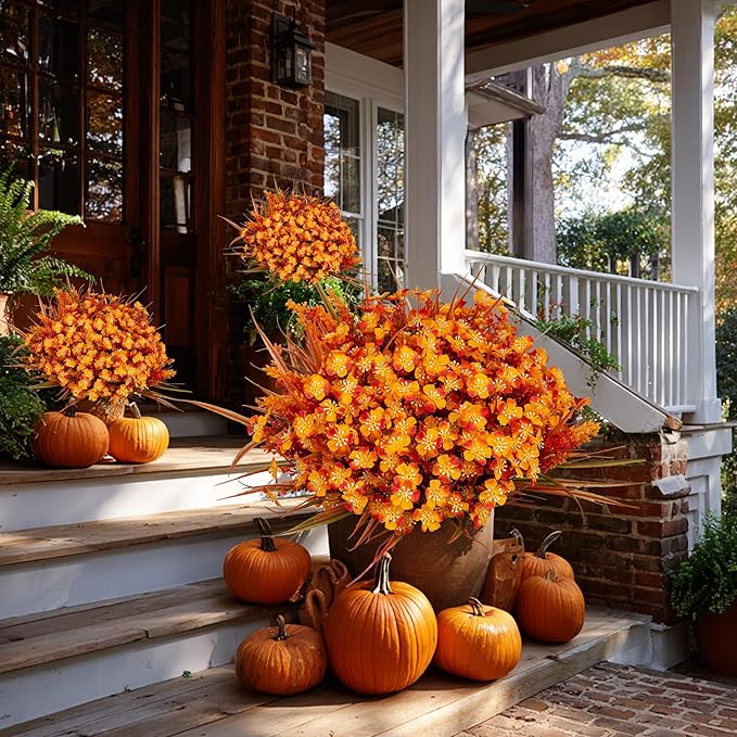 Artificial Fall Flowers Outdoor Fake Mums - 16 Bundles Fake Plants UV Resistant No Fade Faux Plastic Greenery Garden Porch Patio Fall Home Decor (1, OrangeGreen)
