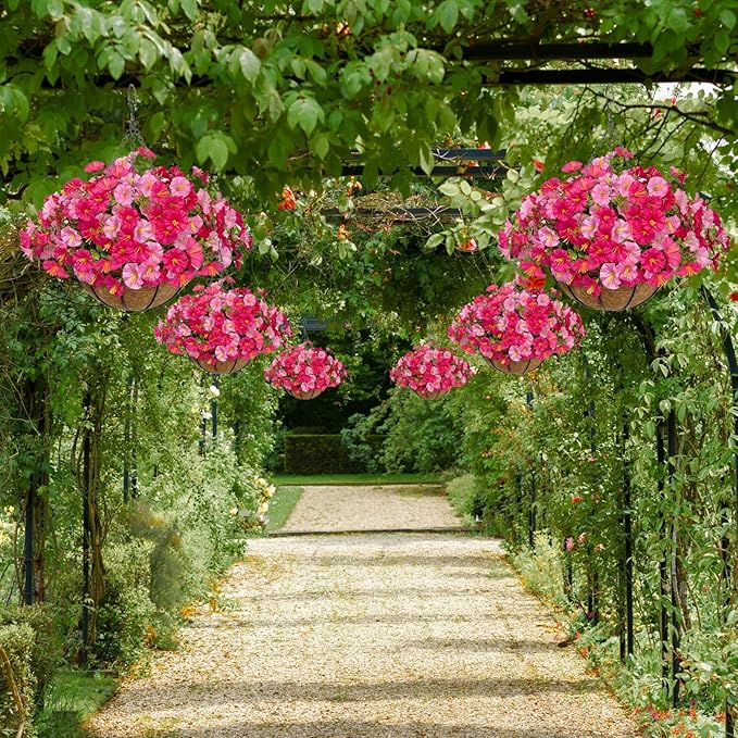 Artificial Hanging Faux Flowers Basket, Fake Silk Petunias Plants Arrangement,for Spring Summer Outdoor Decoration,UV Resistant, Morning Glorias,for Home Garden Decor (Dark&Light Pink)