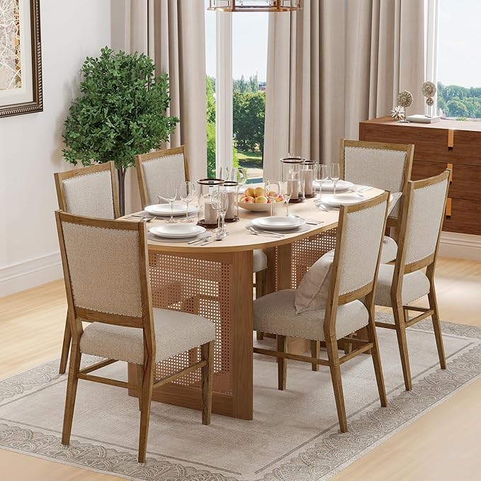 Casaphoria 67" Dining Table for 6, Wood Kitchen Table with Scratch-Resistant Top & Rattan Base, Modern Farmhouse Oval Dining Table for Living Room, Kitchen, Easy Assembly, Oak (Chairs not Included)