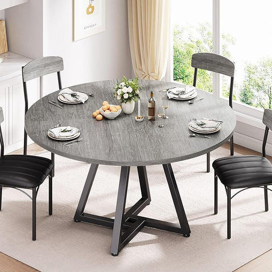 Round Kitchen Dining Room Table Circle Dining Dinner Table with Pedestal Metal Frame, Space Saving Wood Industrial Furniture for Small Space (Grey, 47IN)