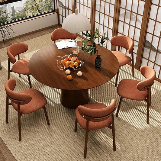 Kitchen Dining Chairs Set of 6 Modern Soft Linen Farmhouse Dining Room Chair with Metal Legs, Orange/Walnut