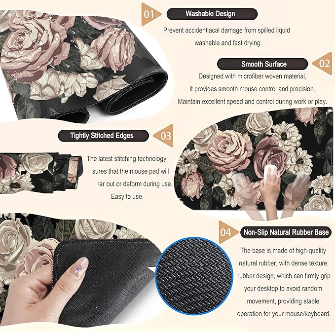 Retro Rose Floral Desk Mat Vintage Flower Plant Mouse Pad XXL Large Gaming Mousepad Cute Desk Pad Computer Mat 31.5x15.75 in, Cool Desktop Accessories for Women Office Desk Decor Keyboard Pad Mat