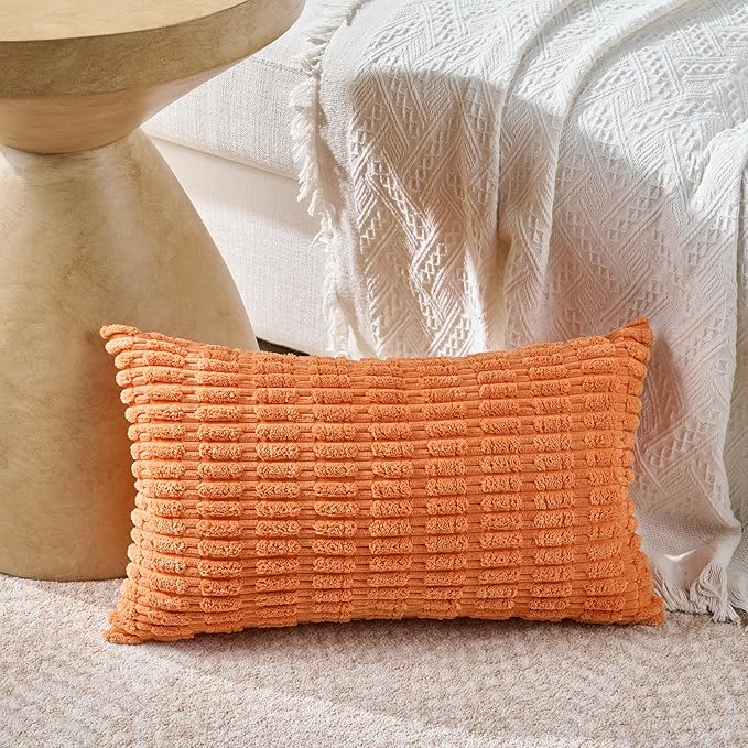 Fancy Homi Set of 4 Burnt Orange Fall Lumbar Decorative Throw Pillow Covers 12x20 Inch for Couch Bed Chair, Farmhouse Boho Room Decor, Soft Fuzzy Corduroy Textured Striped Cushion Case 30x50cm
