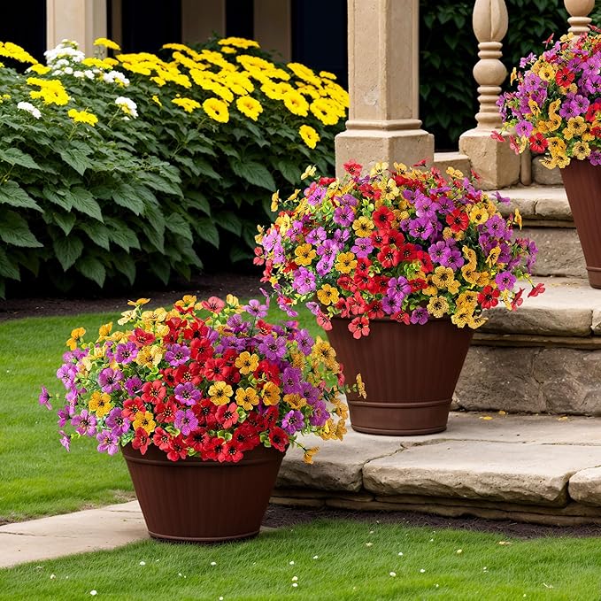 Fall Mums Artificial Flowers for Outdoors Potted, 12 Bundles Fake Fall Daisy Flower with Realistic Eucalyptus Leaves, Fake Plants for Greenery Boxwood Porch Patio Garden Pot Lawn(Red Purple Yellow)
