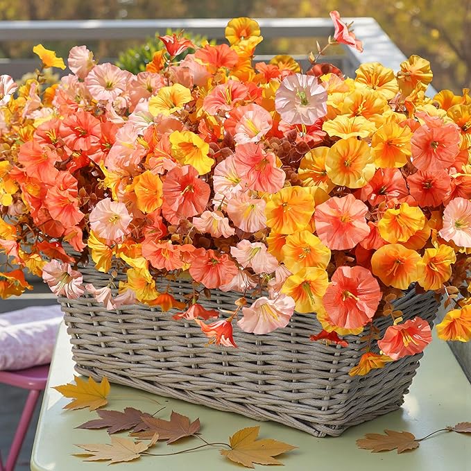 Fake Mums Fall Artificial Flowers Plants for Outdoors Autumn Decoration, 12 Bundles Silk Morning Glory with Eucalyptus Realistic UV Resistant Faux Mums for Outside Planter Yard Garden Home Indoor, Mix