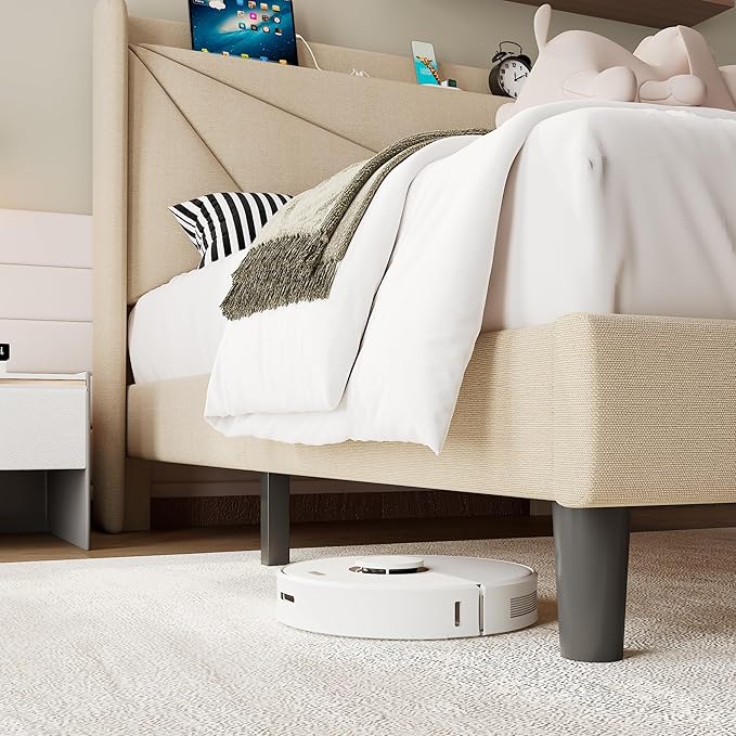 iPormis Twin Size Bed Frame with Charging Station, Linen Platform Bed Frame with Wingback Headboard Upholstered Bedframe, Solid Wood Slats Support, No Box Spring Needed, Easy Assembly, Beige