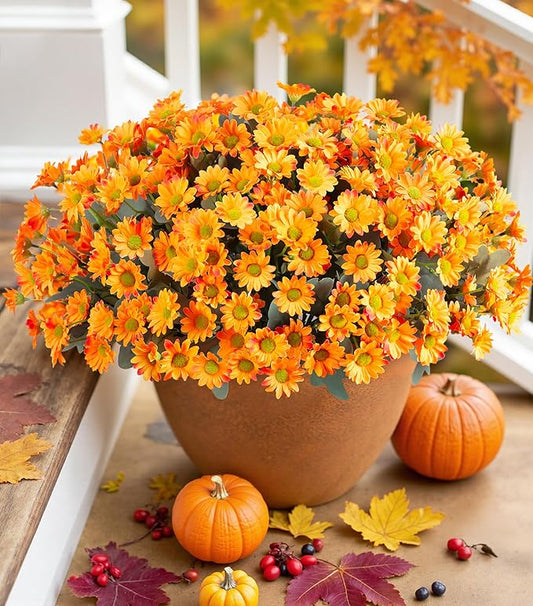Daisy Artificial Flowers for Outdoors Fall Autumn Decoration, 6 Bundles Fake Mums Orange Silk Flowers for Outside Look Real UV Resistant Fake Plants Faux Flowers for Planter Front Door Home Indoor Urn