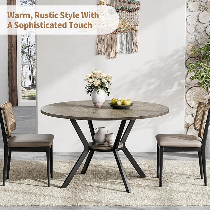 Round Dinner Table for 4, 42 Inch Kitchen & Dining Room Table with Storage, Wooden Circle Dining Table, Mid Century Modern Dining Table with Metal Legs for Kitchen, Living Room, Dining Room, Grey