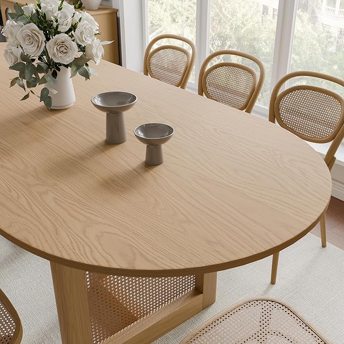 Casaphoria 79" Dining Table, Wicker Base Modern Kitchen Table for 4-6, Farmhouse Style with Oval Top & Wicker Base, Easy Assembly for Living Room, Kitchen, Natural Wood
