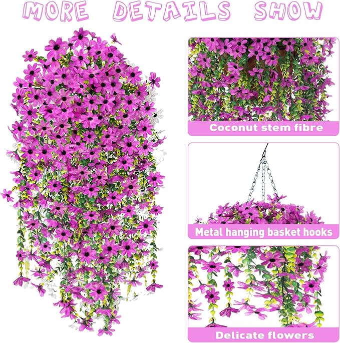 Fake Artificial Hanging Flowers for Outdoors Fake Plants Decoration, 2 Bundles Faux Silk Colorful Daisy Eucalyptus Realistic UV Resistant for Outside Home Planter Porch Patio Yard Decor(Purple)