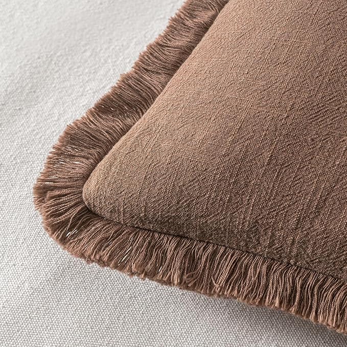 MIULEE Decorative Throw Pillow Covers Neutral Linen Fringe Throw Pillows Euro Shams Set of 2 Dark Coffee Boho Farmhouse Cushion Covers for Couch Sofa Bed Living Room Spring Home Decor 22x22 Inch