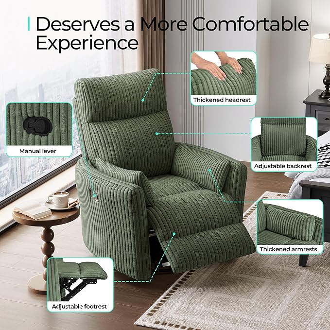 LINSY 360 Swivel Recliner Chair - Corduroy Nursery Glider Rocking Chair with 2 Pillows, Comfy High Back Adult Recliner for Small Spaces, Nursery Bedroom Living Room Reclining (Green)