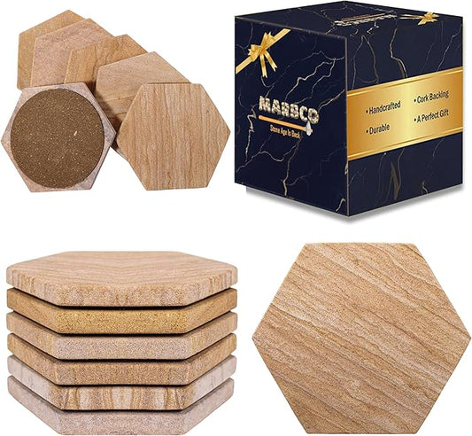Sandstone Water Absorbent Hand Crafted Hexagon Coasters for Drinks - 4 Inches Wide Thirsty Stone Bar/Drink Coasters- Made from Rainbow Sandstone (Set of 6 Without Holder)