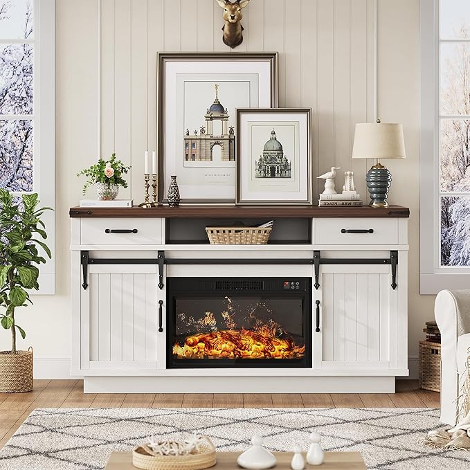 59'' Fireplace TV Stand with 3D Flame Electric Fireplace Heater, 34'' Tall Farmhouse TV Stand for 65 Inch TV, Entertainment Center TV Console with 2 Drawers, Sliding Barn Door for Living Room - White