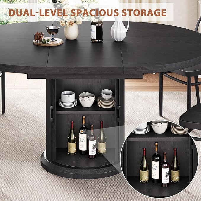 Extendable Round Kitchen Dining Room Table for 4-6 with 2-Tier Storage Shelf, 63'' Space Saving Expandable Wood Oval Circle Dinner Furniture with Pedestal Base(Black)