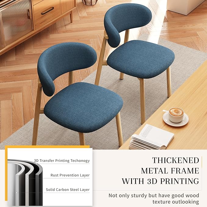 Kitchen Dining Chairs Set of 6 Modern Soft Linen Farmhouse Dining Room Chair with Metal Legs, Blue/Original