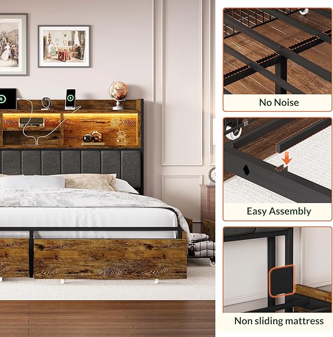 LARMACE King Bed Frame with 6 Storage Drawers, Bed Frame King Size with Linen Upholstered Headboard, Built in Charging Station and LED, No Noise, Metal Support, No Box Spring Needed,Vintage Brown