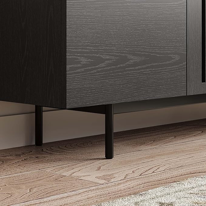 POVISON Fully-Assembled Mid Century Modern Sintered Stone TV Stand, Slatted Media Console TV Cabinet with Tall-cast Metal Legs, Fluted Entertainment Center with Storage (Black, 62.99")