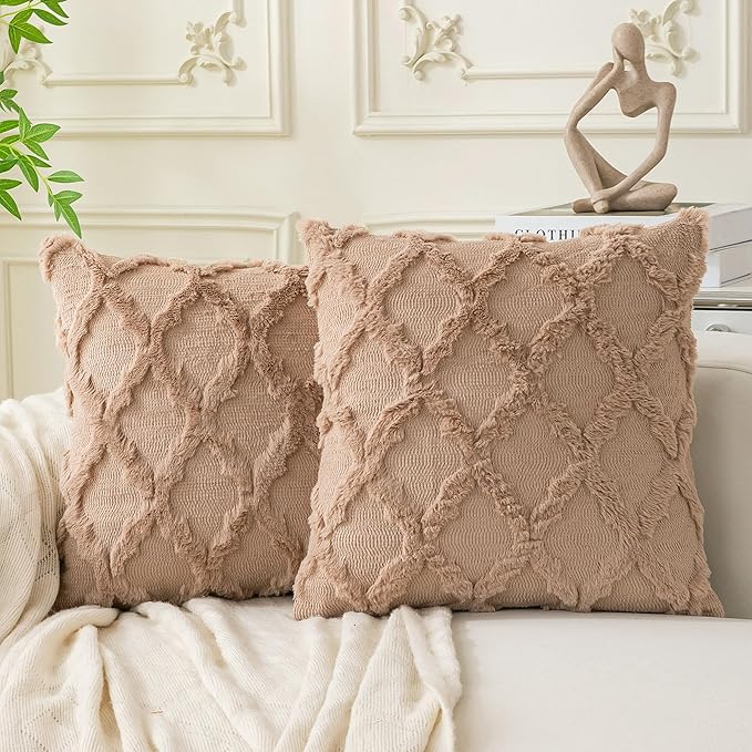 Set of 2 Soft Moroccan Throw Pillow Covers 20x20 Inch Plush Boho Decorative Pillow Cover Accent Cushion Case for Couch Sofa Bed, Light Brown