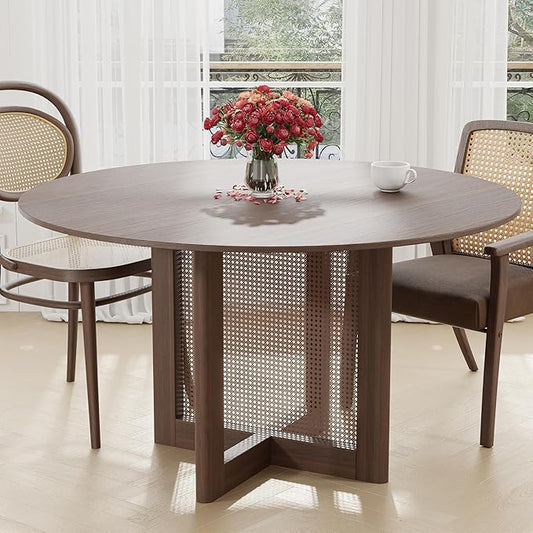 Casaphoria 52" Round Dining Table, Modern Kitchen Table for 6, Scratch-Resistant Top & Rattan Base, Farmhouse Dinner Table for Living Room, Kitchen, Bar, Easy Assembly, Walnut
