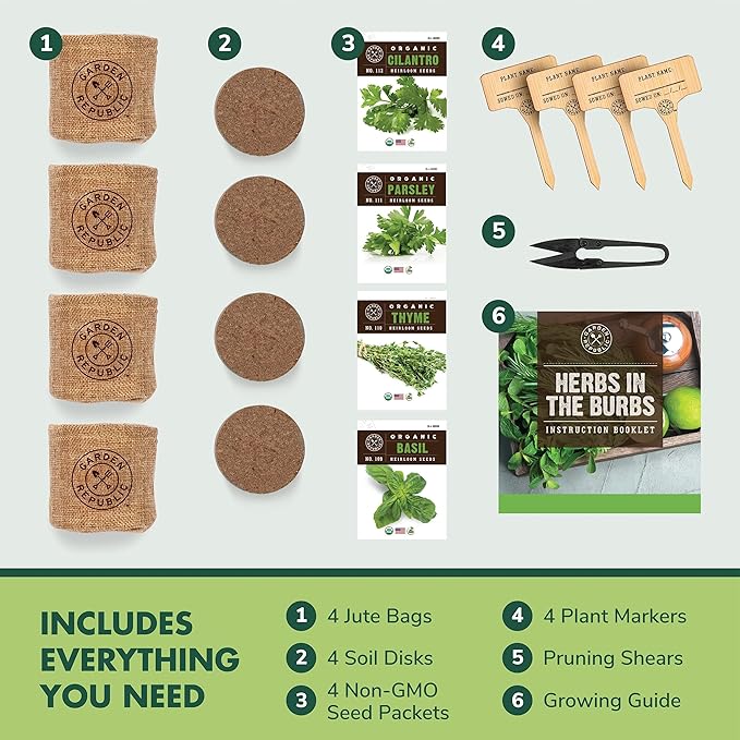 Indoor Herb Garden Starter Kit - Heirloom, Non-GMO Herb Seeds - Basil Thyme Parsley Cilantro Seed, Potting Soil, Pots, Scissors - DIY Grow Kits for Growing Herbs Indoors, Kitchen, Balcony, Window Sill